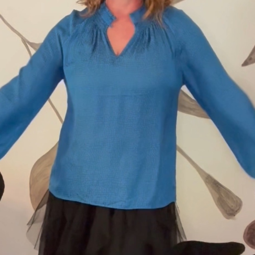 WHBM Teal Blue Smokcked Satin Blouse, with High Neck Keyhole